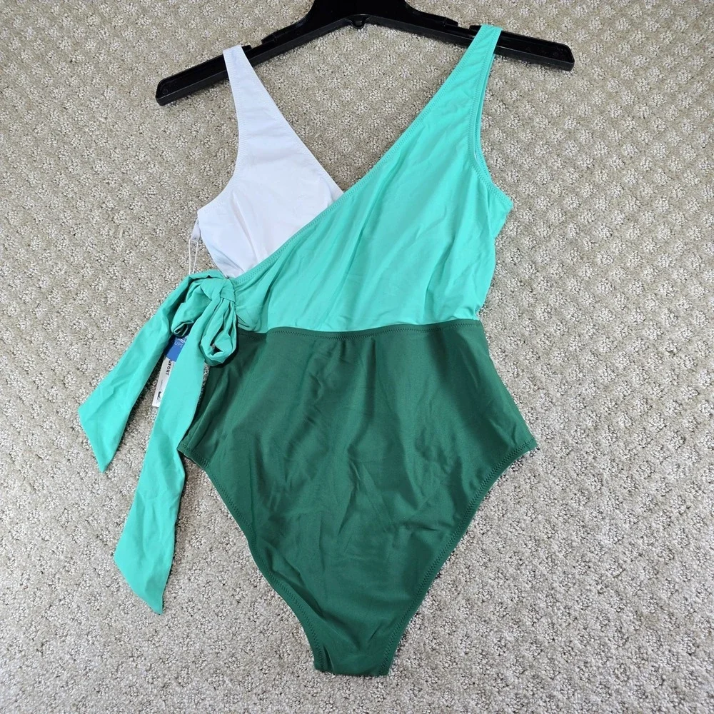 Cupshe One Piece Swimsuit Green White Colorblock Tie Waist Size M NWT - Picture 7 of 9